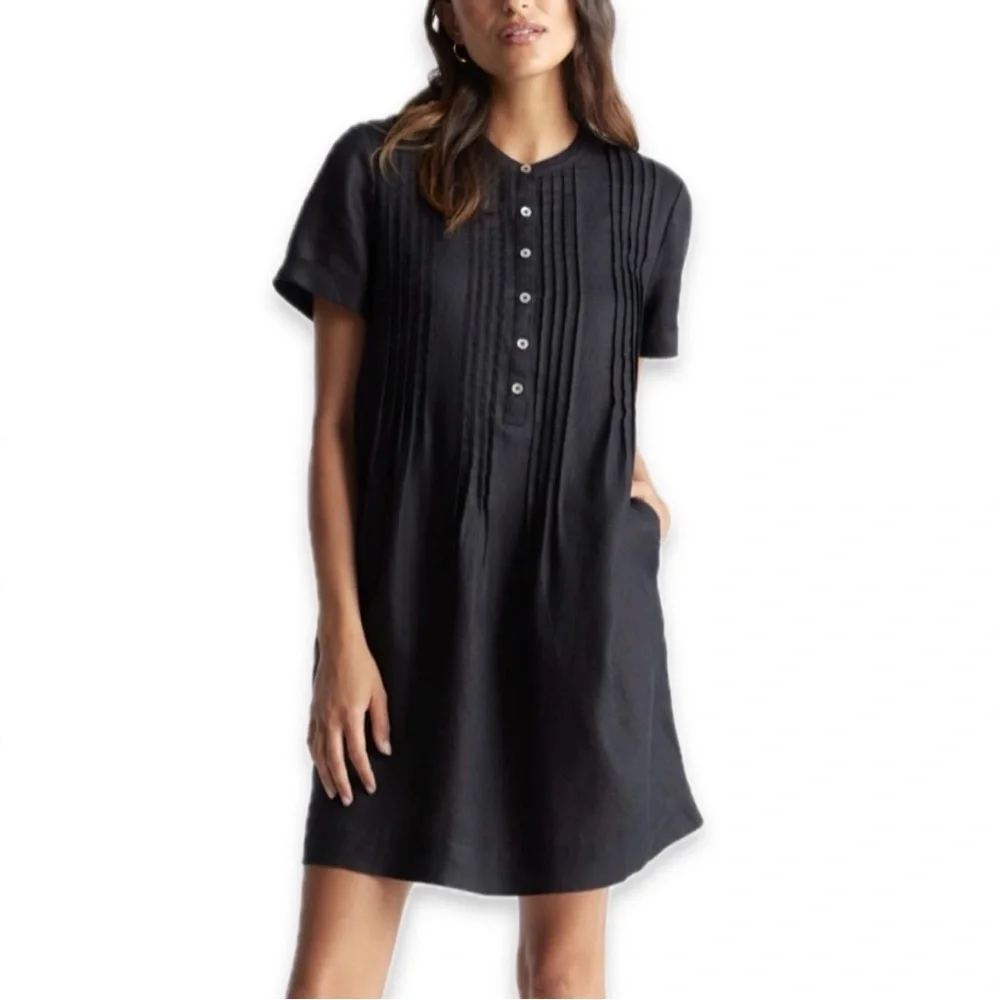 Quince Linen Short Sleeve Black Short Swing Dress with Pockets SMALL - Picture 1 of 7